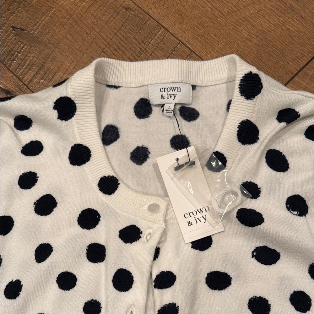 NWT! Classic White Cardigan with Navy Dots - Picture 2 of 4